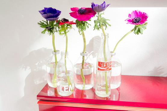 JOELIX.com | Colorful anemones in reused bottles #2flowergirls
