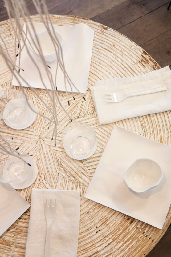 JOELIX.com | Spring at Merci Paris shop white shell chandelier and white table setting