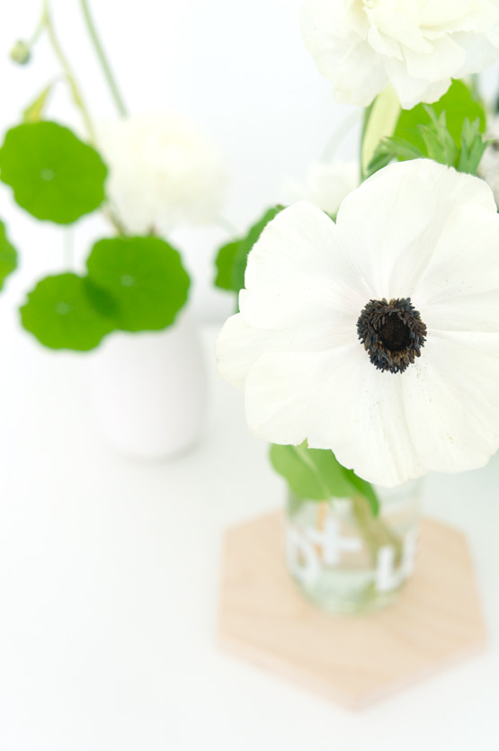 JOELIX.com | White flowers at home anemones and Indian cress fresh spring floral composition