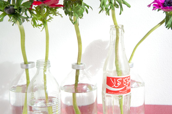 JOELIX.com | Colorful anemones in reused Coca Cola bottles #2flowergirls